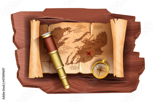 Old pirate map, vector antique vintage parchment paper scroll, golden compass, spyglass, wooden board. Corsair adventure treasure picture, ancient navigation roll game object. Medieval pirate map