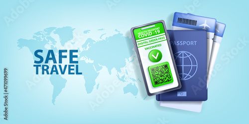Green pass covid vaccination digital certificate banner, vector health passport mobile app concept, world map. European verification QR code background, safe travel document. Green pass, smartphone
