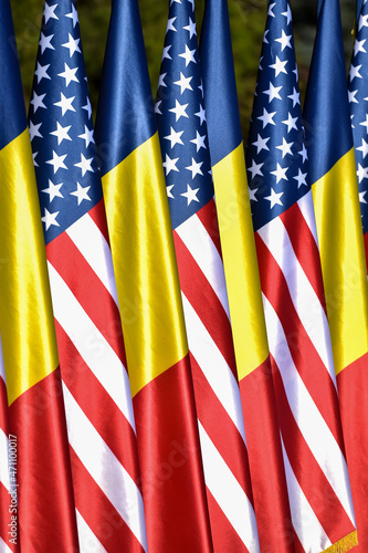 Fototapeta Naklejka Na Ścianę i Meble -  Romania and United States Of America national flags are seen during an official ceremony