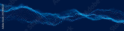 Wave of blue particles. Abstract technology flow background. Sound mesh pattern or grid landscape. Digital data structure consist dot elements. Future vector illustration.