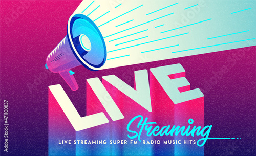 Live streaming logo with play button. Online stream music sound sign. 3d effect simple vector design. Web banner or poster easy editable for template. loading,player, broadcast, website, online radio.