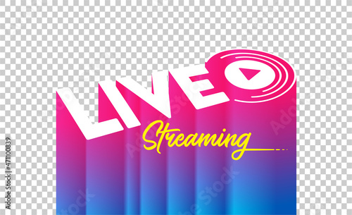 Live streaming logo with play button. Online stream music sound sign. 3d effect simple vector design. Web banner or poster easy editable for template. loading,player, broadcast, website, online radio.