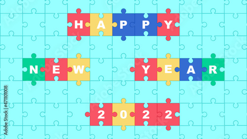 The word happy new year on connected jigsaw puzzle pieces. Freely arranged alphabet. Vector illustration.