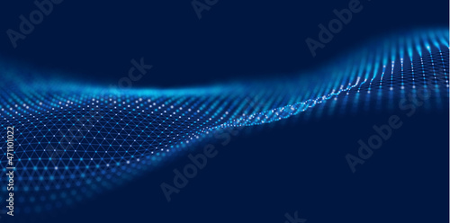 Dynamic blue particle wave. Abstract sound visualization. Flow digital structure. Mesh landscape or grid data technology.