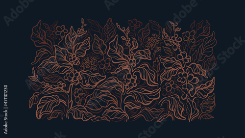 Coffee background. Vector branch, golden leaves