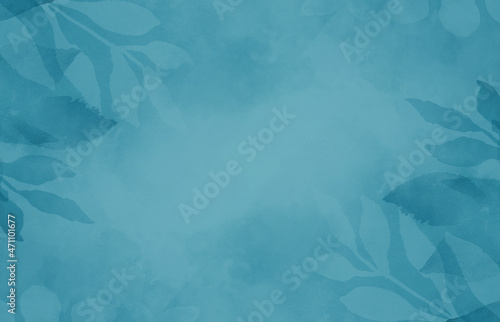 Floral nature background of blue plant leaves and flower leaves on border, pastel light blue and white watercolor painted leaf outlines in abstract illustration with soft texture (ID: 471101677)