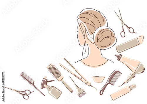 Barbershop background with professional hairdressing tools. Haircutting illustration.