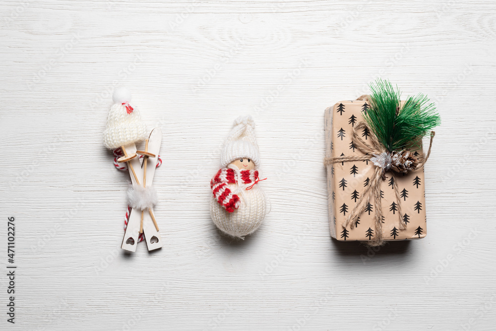 Christmas concept background. Christmas decorations on the white wooden table background.