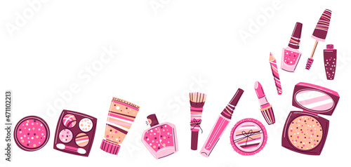 Background with cosmetics for skincare and makeup. Illustration for advertising. Beauty and fashion items.
