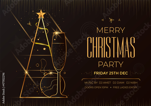 Merrry Christmas party invitation card design with stylized Golden xmas tree and decoration on dark background. New Year golden line illustration. photo