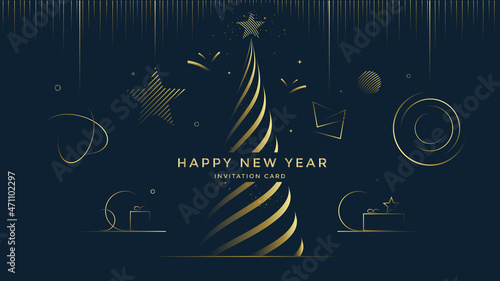 Happy New Year greeting card design with stylized Christmas tree and gold decoration on dark background. Merry Christmas Golden line illustration