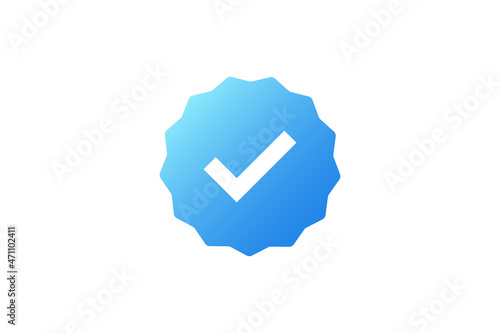 Approval Icon. White Check Mark with Blue Circle Shape Sparkle Star Sticker Label isolated on White Background. Flat Vector Icon Design Elements For Web Templates.