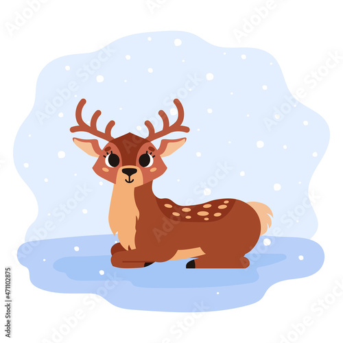 Cute brown spotted deer with horns. Forest wild animal. Winter time. Vector cartoon illustration. Isolated on white background.