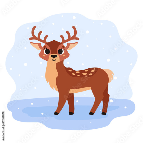 Cute brown spotted deer with horns. Forest wild animal. Winter time. Vector cartoon illustration. Isolated on white background. © FRIEVA