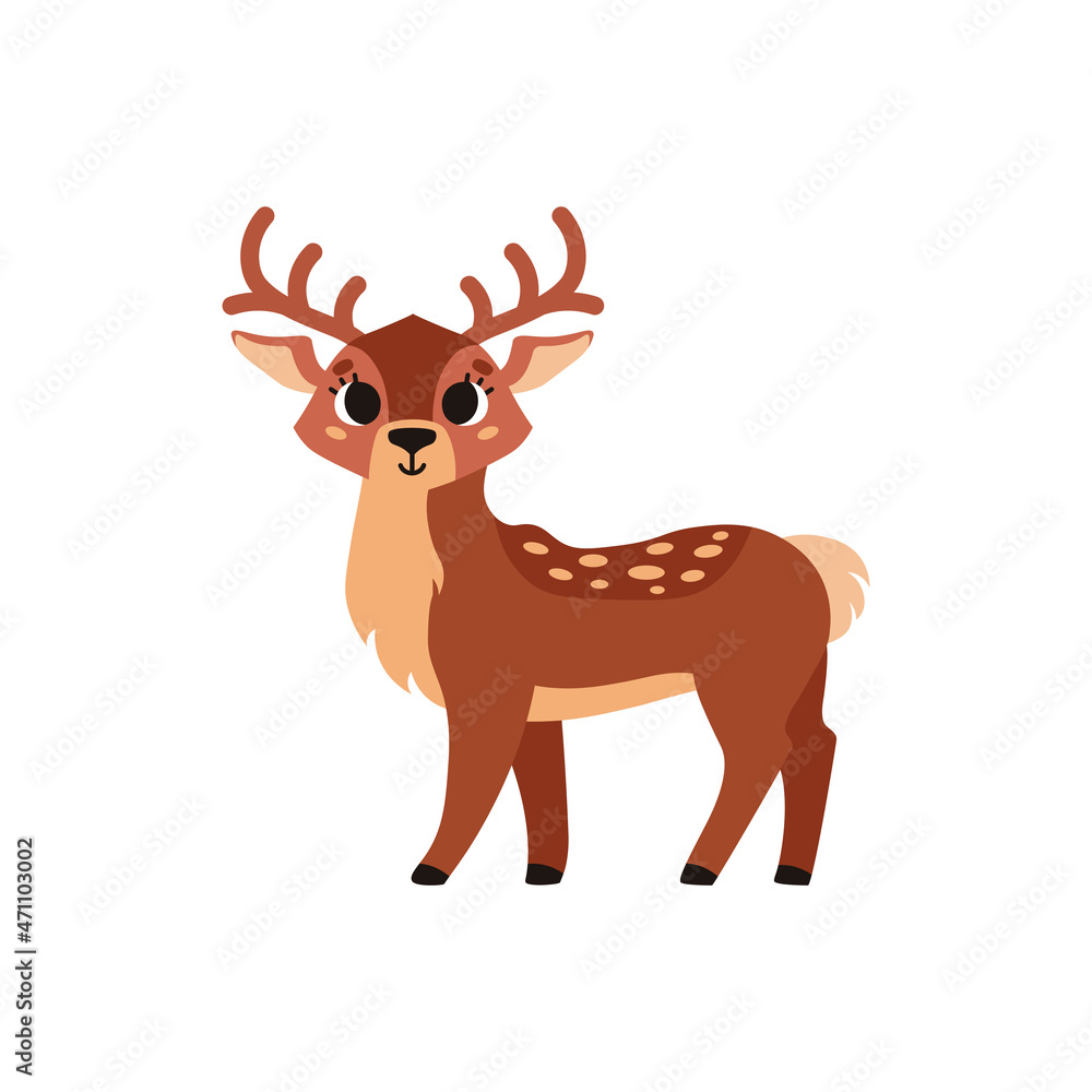 Cute brown spotted deer with horns. Forest wild animal. Vector cartoon illustration. Isolated on white background.