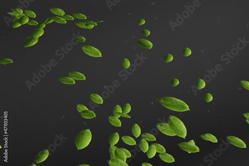 tea leaves float in the air on a black background