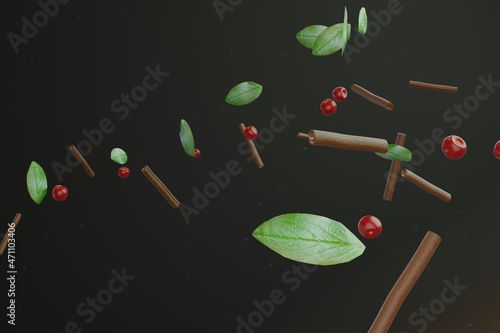 scattered ingredients: cinnamon sticks, cherries, leaves