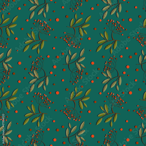 Vector paper cut seamless pattern with leaves and rowan berries. Minimalistic graphic drawing. Design for textile, paper, background