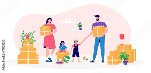 Family with kids moves new home, house. People moving and collect supplies in boxes. Man and woman cartoon characters packing belongings. Young couple unpacking concept, delivery, relocation, move box