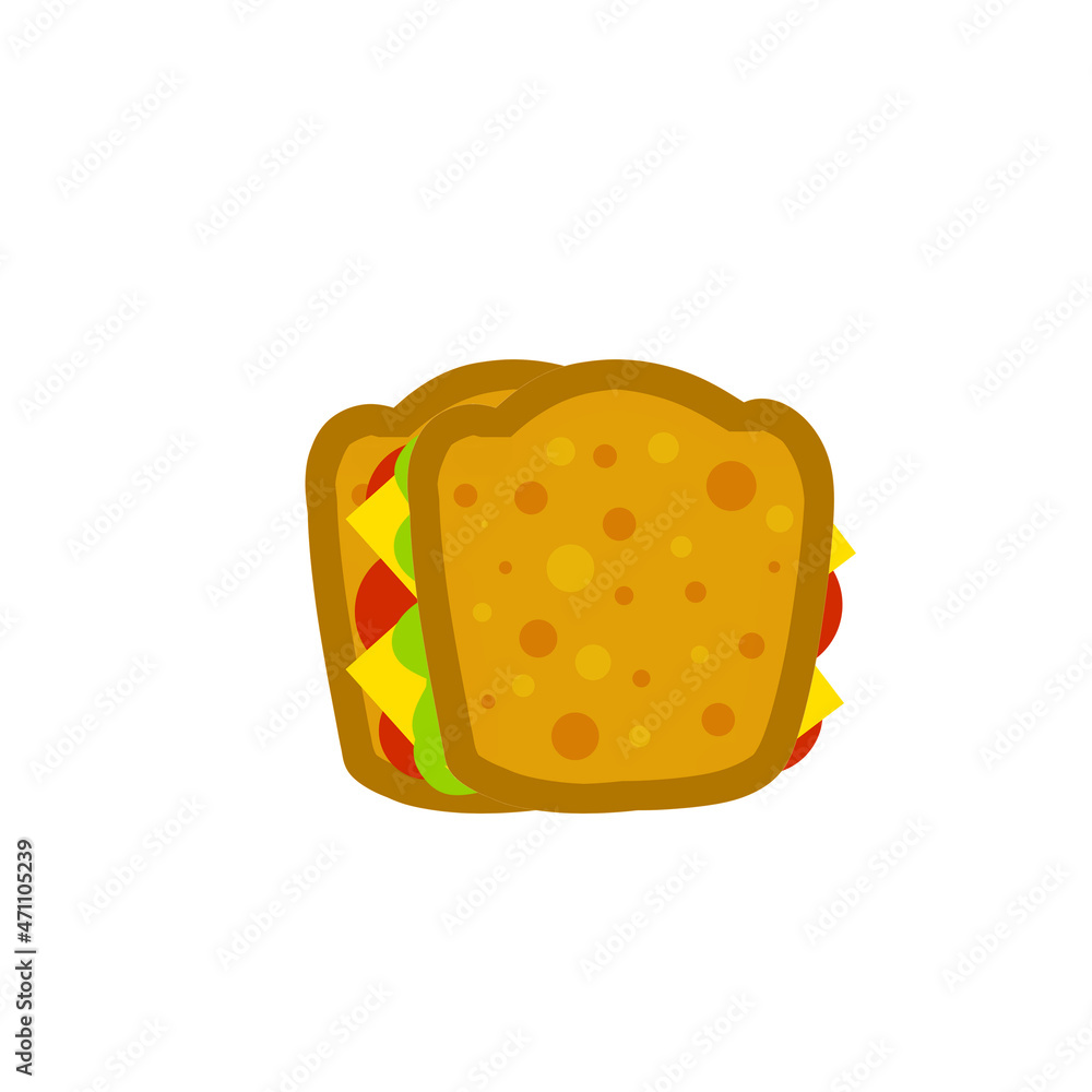 Sandwich. Bread with cheese, tomato and lettuce. Food icon. Flat illustration