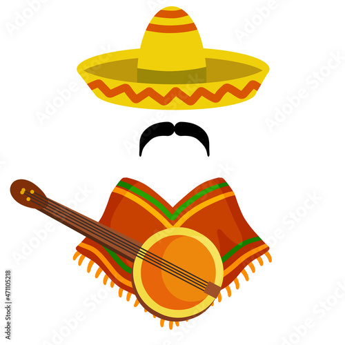 Poncho and Banjo guitar. National dress. Latin costume. Sombrero hat and mustache. Flat cartoon isolated on white
