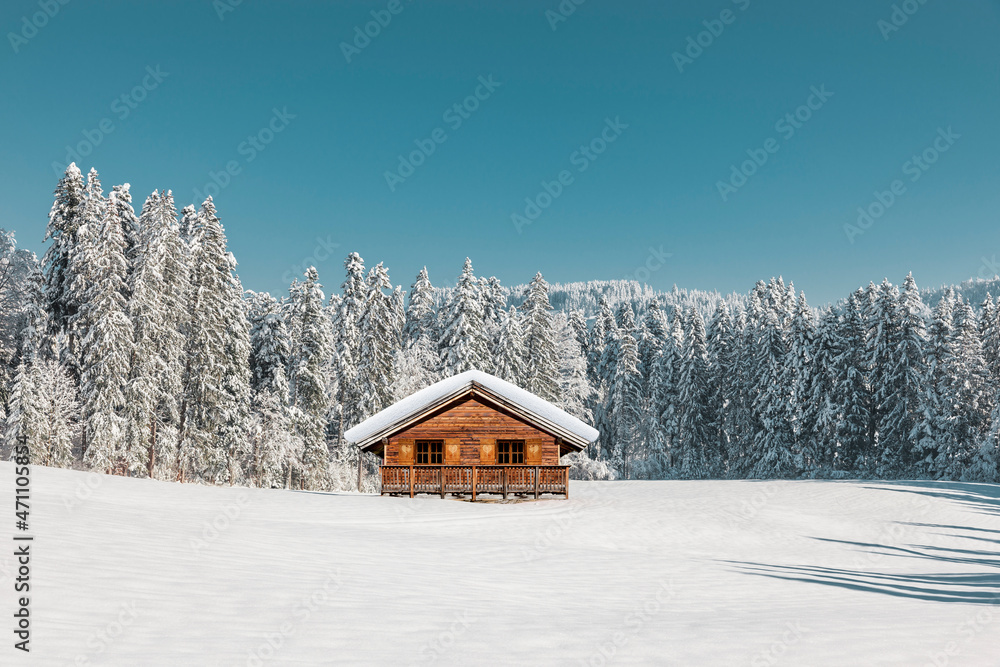 Berghütte in einem verschneiten Wald