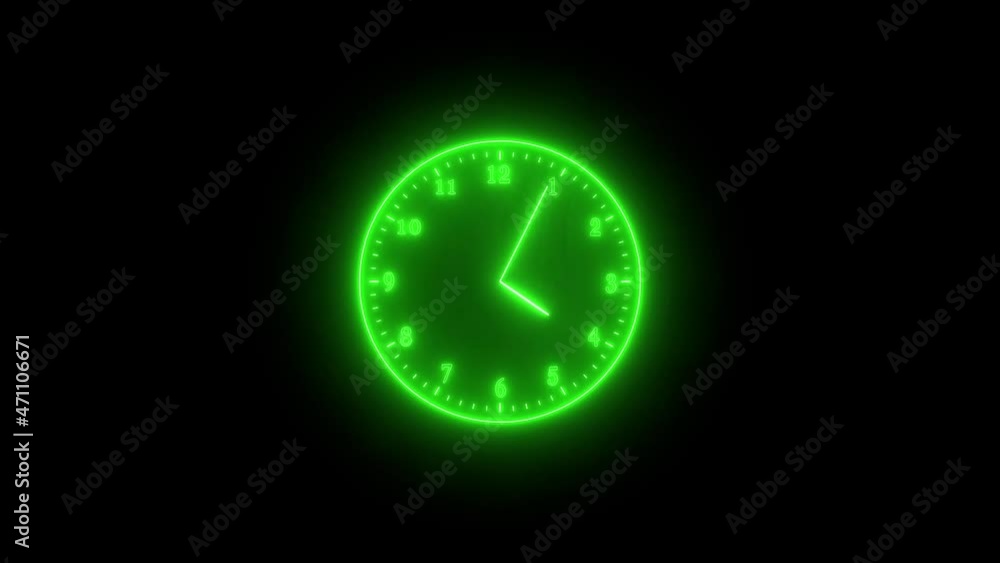 Green neon clock isolated animated on black background Green neon clock isolated animated on black background