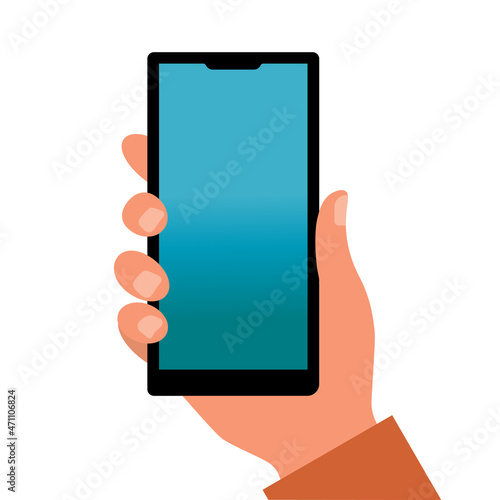 A smartphone in a human hand. A mobile phone with an empty screen is held by a human hand