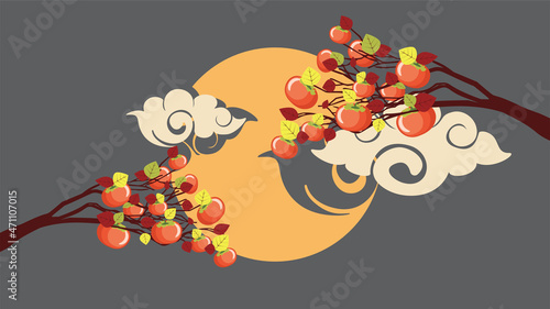 Persimmon fruits on branch and moon