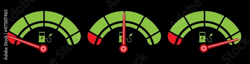 Electric car battery meter set with battery, indicating empty, half, full vector design. Charging level illustration on black background to use in eco car, electric vehicle battery charging projects.
