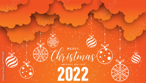merry christmas and happy new year with bokeh and lens flare pattern on summer orange color and before the clouds background