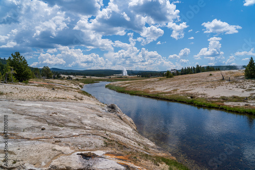 Green grass, trees, and rock line the Firehole River in Yellowstone National Park in Wyoming on a sunny summer day - while Old Faithful erupts in the background