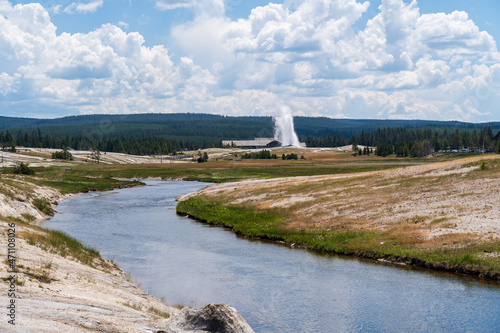Green grass, trees, and rock line the Firehole River in Yellowstone National Park in Wyoming on a sunny summer day - while Old Faithful erupts in the background