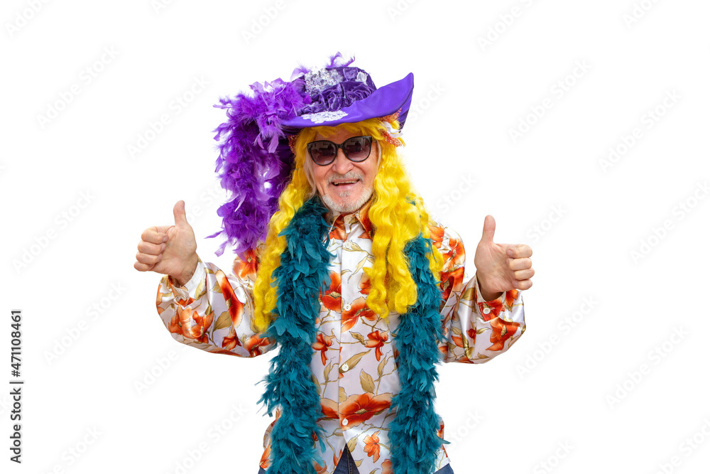 Happy old comedian shows thumb up. Happy old comedian shows thumb up.