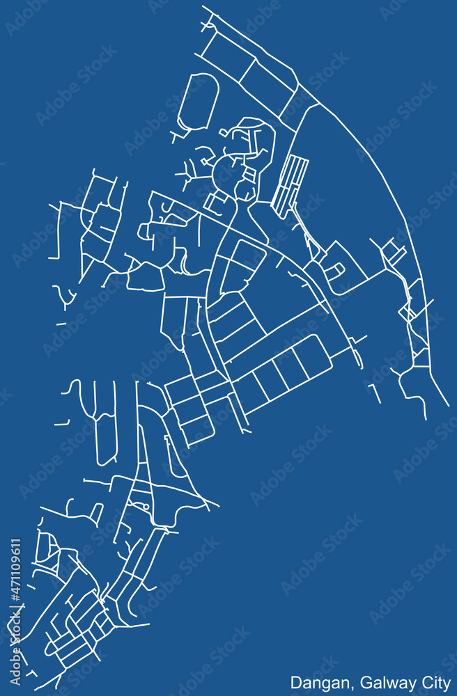 Detailed technical drawing navigation urban street roads map on blue background of the district Dangan Electoral Area of the Irish regional capital city of Galway City, Ireland