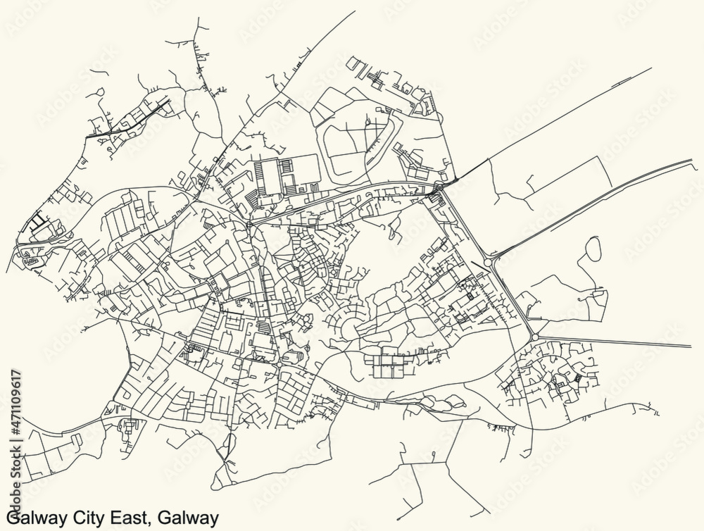 Detailed navigation urban street roads map on vintage beige background of the district Galway City East Electoral Area of the Irish regional capital city of Galway City, Ireland