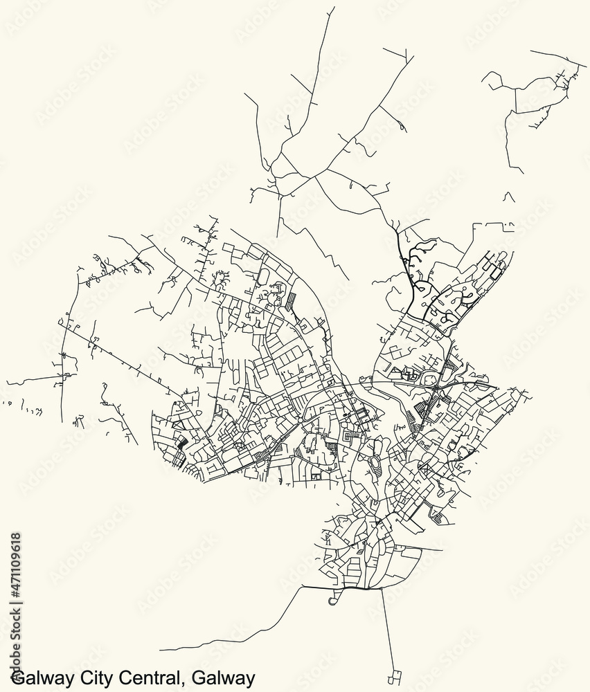 Detailed navigation urban street roads map on vintage beige background of the district Galway City Central Electoral Area of the Irish regional capital city of Galway City, Ireland