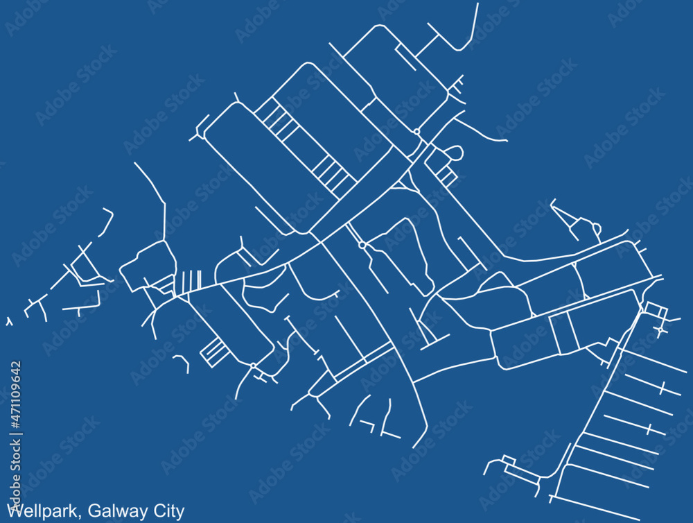 Detailed technical drawing navigation urban street roads map on blue background of the district Wellpark Electoral Area of the Irish regional capital city of Galway City, Ireland