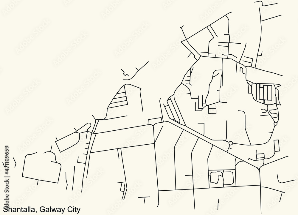 Detailed navigation urban street roads map on vintage beige background of the district Shantalla Electoral Area of the Irish regional capital city of Galway City, Ireland