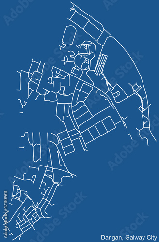 Detailed technical drawing navigation urban street roads map on blue background of the district Dangan Electoral Area of the Irish regional capital city of Galway City  Ireland