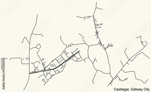 Detailed navigation urban street roads map on vintage beige background of the district An Caisleán Gearr-Castlegar Electoral Area of the Irish regional capital city of Galway City, Ireland