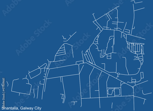 Detailed technical drawing navigation urban street roads map on blue background of the district Shantalla Electoral Area of the Irish regional capital city of Galway City, Ireland