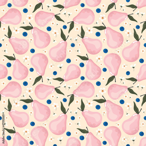 Fruit seamless pattern with pears and blossom. Girly pink background for textile, fabric, decorative paper. Cartoon raster
