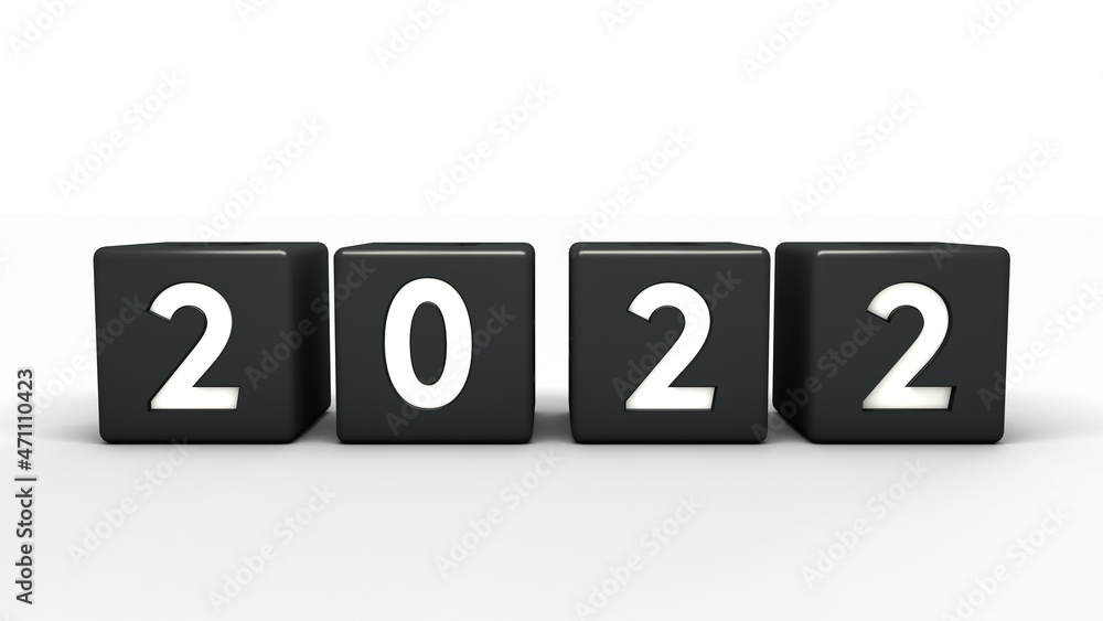 3d rendering of the date of the New Year 2022 laid out of cubes with the right numbers. The cubes are black with white numbers. Isolated on a white background. 3d rendering of the date of the New Year 2022 laid out of cubes with the right numbers. The cubes are black with white numbers. Isolated on a white background.