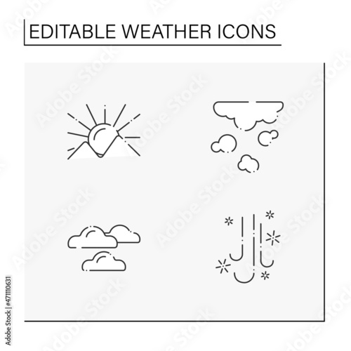 Weather line icons set. Sunrise and sunset, smog, cloudy and scattered snow. Meteorology concept. Isolated vector illustrations. Editable stroke