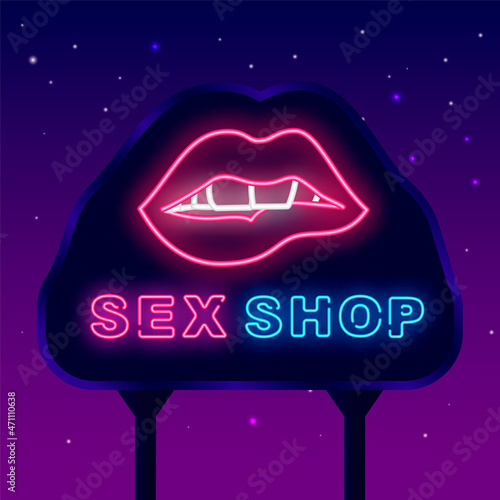 Sex shop neon street billboard. Biting woman lips. Night bright promotion. Intimate items store. Vector illustration