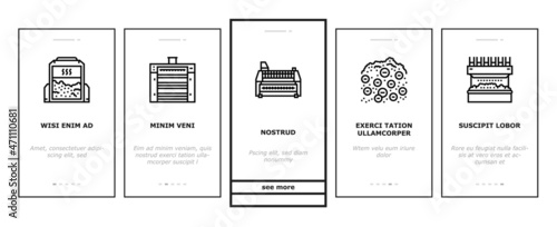 Flour Factory Industry Production Onboarding Mobile App Page Screen Vector. Wheat And Oat, Barley And Rice Flour For Baking Pastry Dessert Line. Agronomy Field With Growing Machine Illustrations