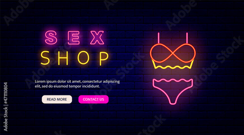 Sex shop neon flyer. Landing page template. Adult toys. Sexual accessories promotion. Vector stock illustration