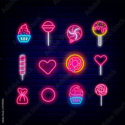 Sweets neon icon collection. Candy shop shiny logo. Cupcake. Cake pop and donut. Vector stock illustration