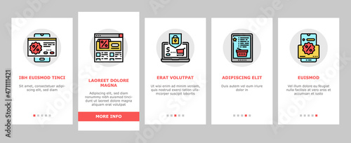 Ecommerce And Online Shopping Onboarding Mobile App Page Screen Vector. Ecommerce Smartphone Application And Online Payment, Electronic Purchase And Choosing Product, Discount And Sale Illustrations